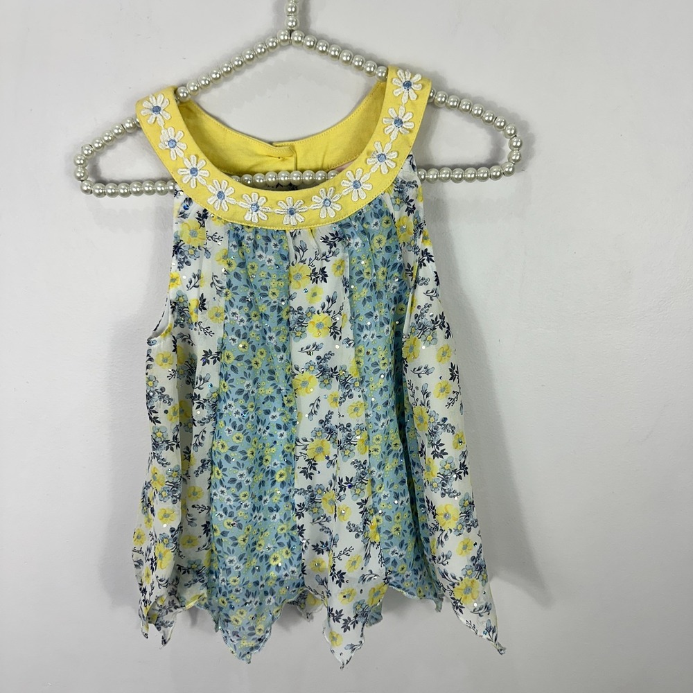 Little Lass Girls Top 7/8 Yellow Blue Floral Handkerchief Hem Embroidered Daisy